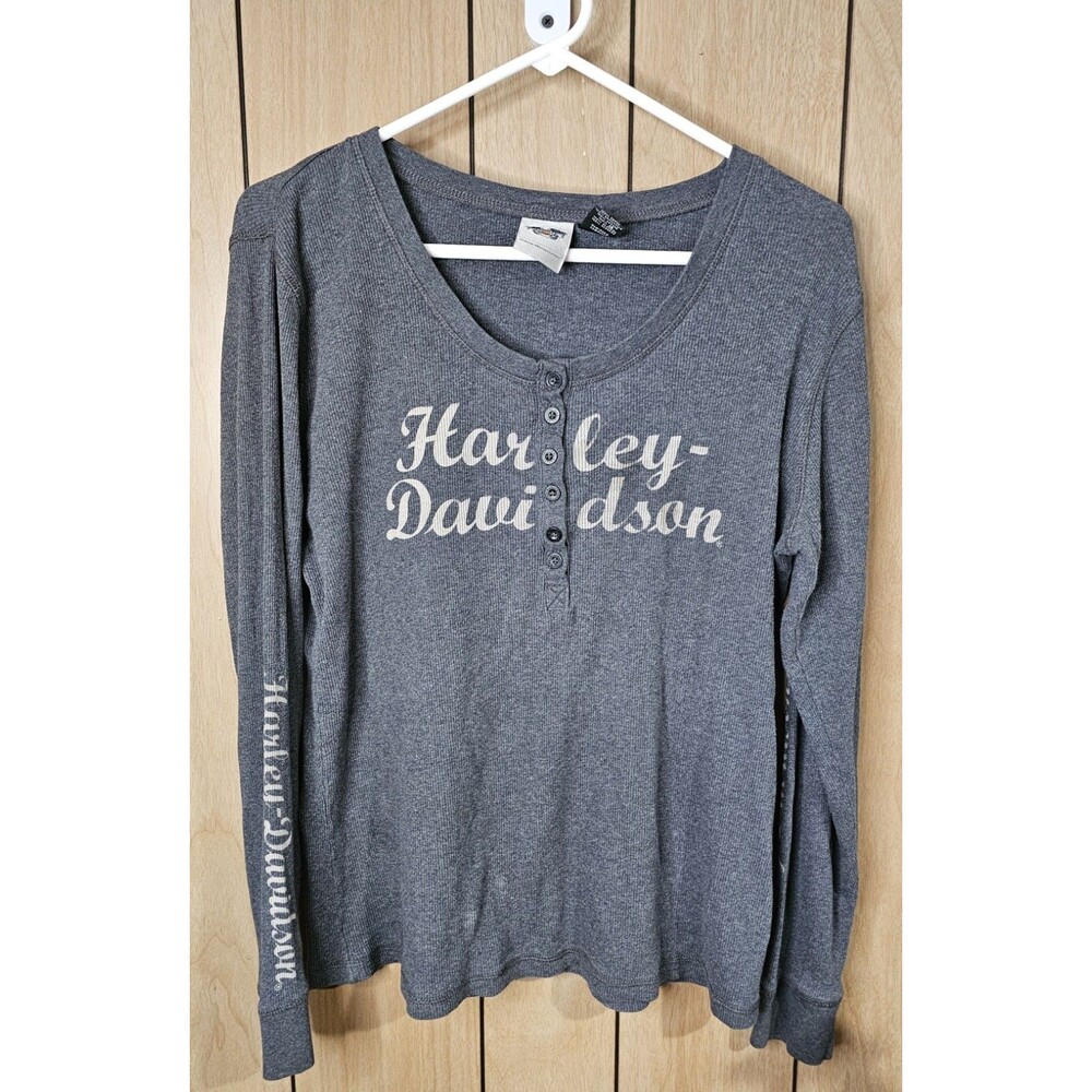 Harley Davidson Womens 1W Gray Thermal Henley Shirt Long Sleeve Motorcycle Logo - Picture 14 of 16